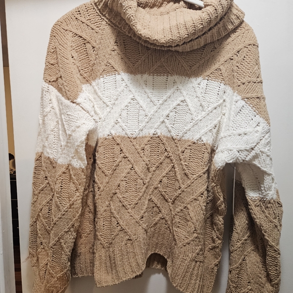 Francesca's Collections Tan and White Cowl Neck Sweater - Picture 1 of 1